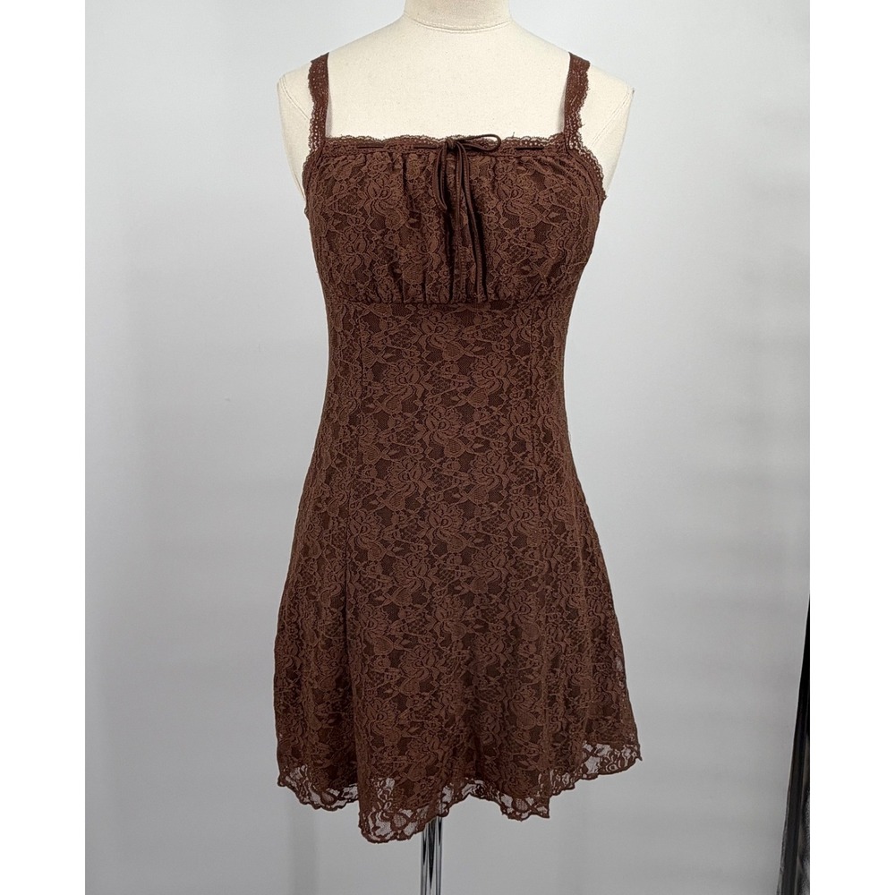 Forever 21 Brown Floral Lace Mini Cami Dress Small Bow Detail Y2K Style